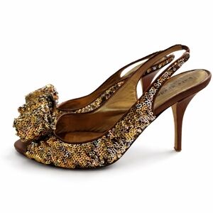 Kate Spade Carly Gold Sequin Slingback Peep-Toe Heels with Bow Size 8